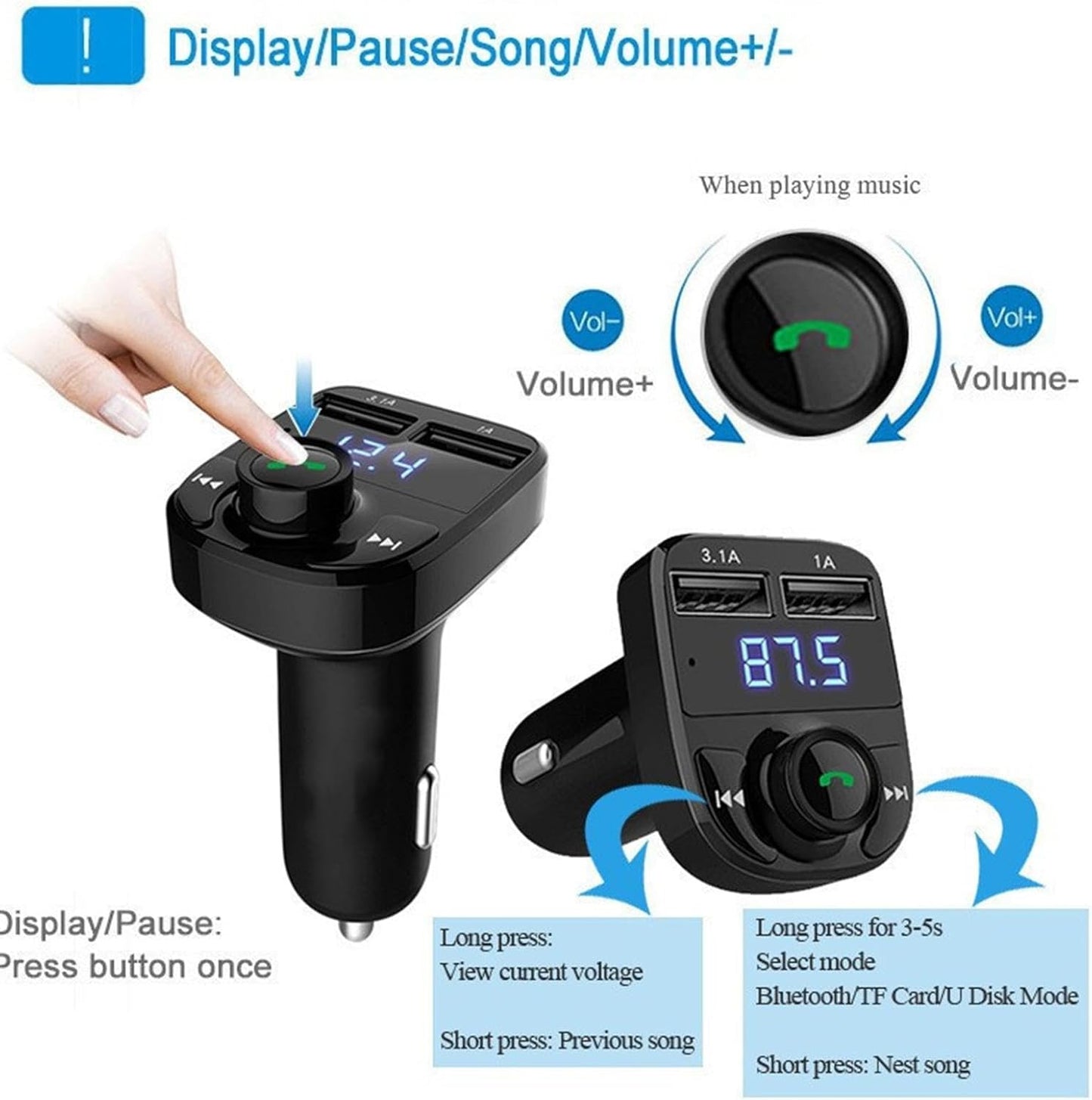 X8 - Multifunctional Car Mp3 Player | Car Wireless FM Transmitter | Car Mp3 Modulator - 3.1A | Car Accessories ( Random Color )