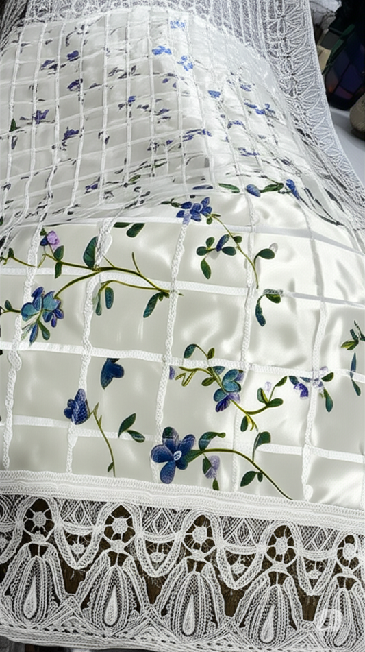 01 Meter Beautiful White Floral Dastarkhwan with Intricate Lace Border - Perfect for Traditional Dining | Dastarkhwan (30*49 inch)