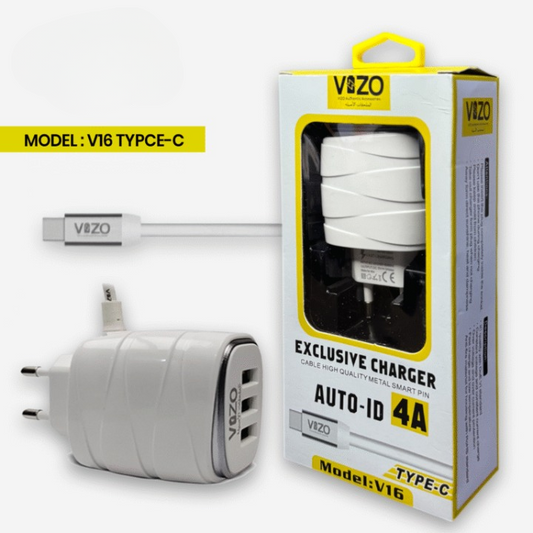 Vizo V16-Type-C â€“ 4A Smart Fast Charger (3 USB Ports + Built-in Type-C Cable) | Best Quality Type-C Charger For Android - Mobile Phone Charger - Android Charger