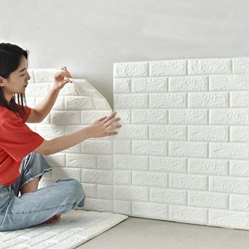 01 PCs 3D Wall Stickers Faux Brick White Brick | Bedroom Home Decor Waterproof Self Adhesive Living Room Wallpaper 70 x 77 cm
