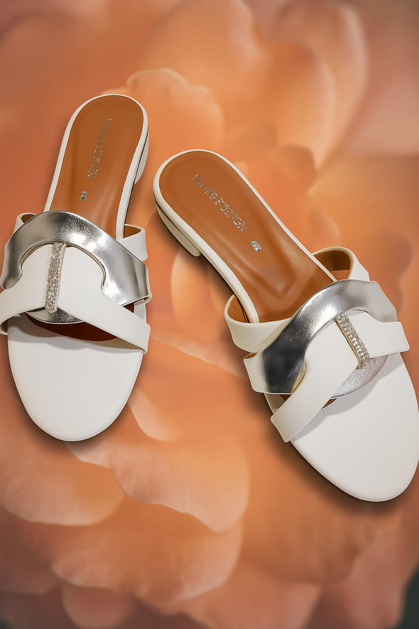 White &amp; Silver Premium Slippers â€“ Elegant Design, Comfy Feel &amp; Stylish Look | Shine with every step â€” comfort, elegance and class in one perfect pair | Slipper | Slipper For Women (With Box)
