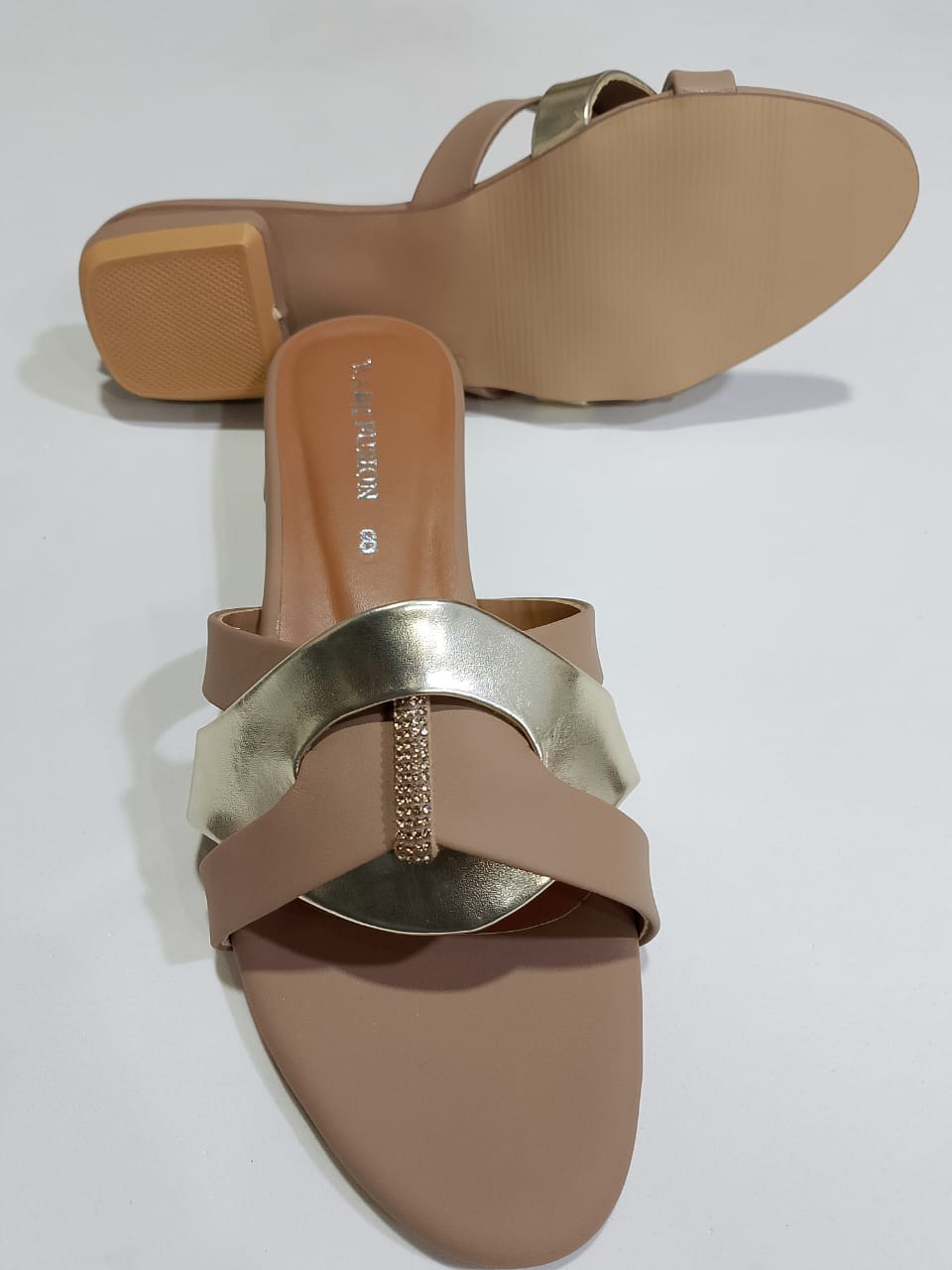 Women's Tan &amp; Gold Embellished Flat Sandals â€“ Stylish Slip-On Slides with Luxury Comfort &amp; Chic Gold Accent Shine with every step â€” comfort class in one perfect pair | Slipper | Slipper For Women (With Box)