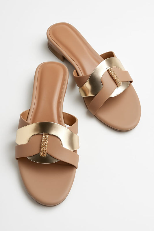 Women's Tan &amp; Gold Embellished Flat Sandals â€“ Stylish Slip-On Slides with Luxury Comfort &amp; Chic Gold Accent Shine with every step â€” comfort class in one perfect pair | Slipper | Slipper For Women (With Box)