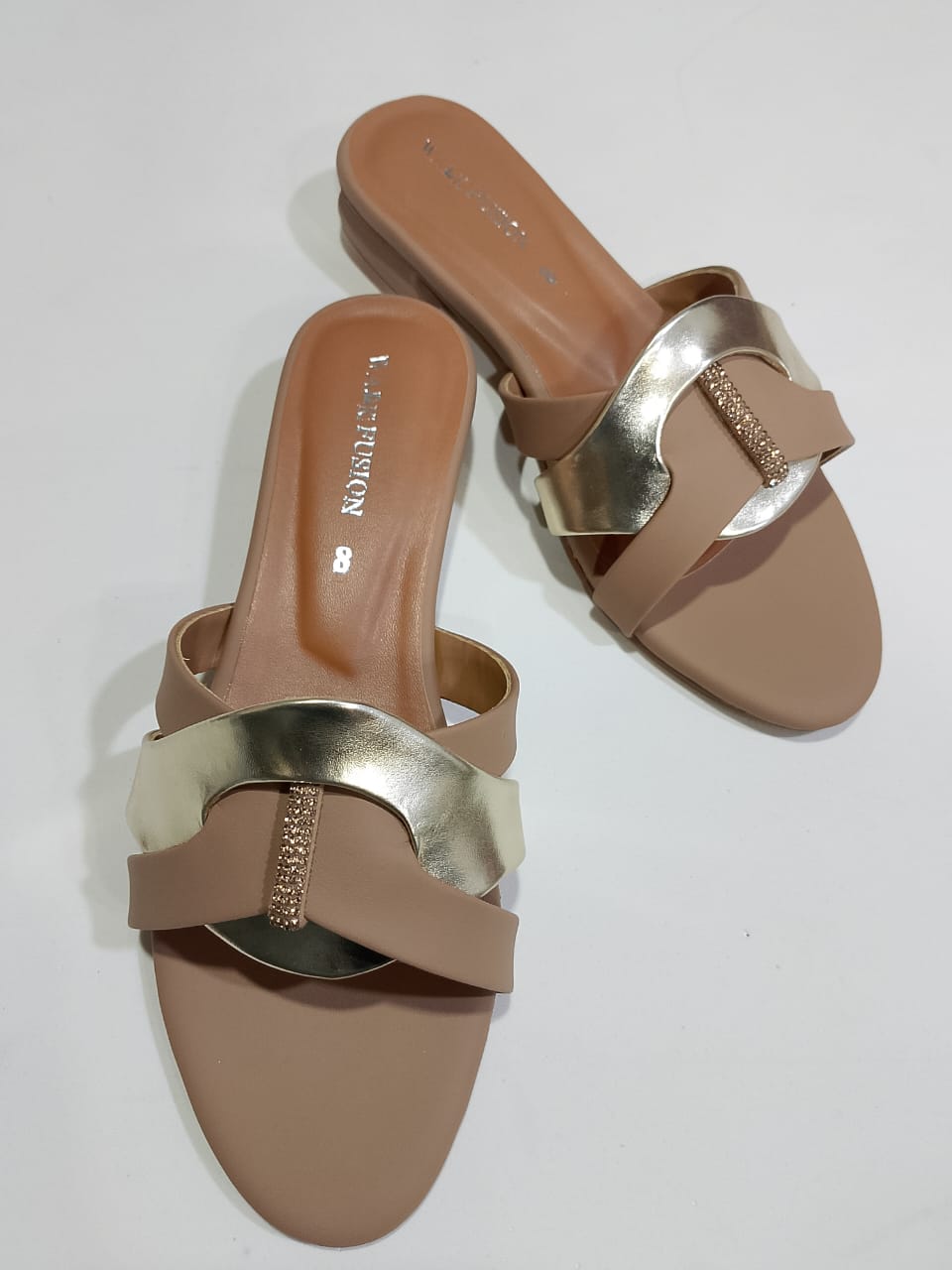 Women's Tan &amp; Gold Embellished Flat Sandals â€“ Stylish Slip-On Slides with Luxury Comfort &amp; Chic Gold Accent Shine with every step â€” comfort class in one perfect pair | Slipper | Slipper For Women (With Box)