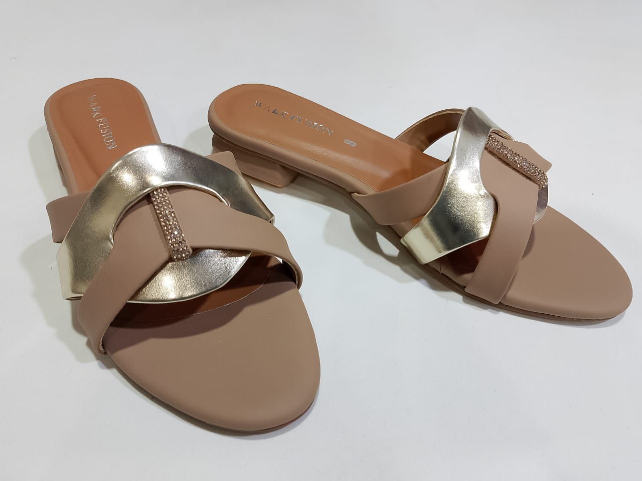 Women's Tan &amp; Gold Embellished Flat Sandals â€“ Stylish Slip-On Slides with Luxury Comfort &amp; Chic Gold Accent Shine with every step â€” comfort class in one perfect pair | Slipper | Slipper For Women (With Box)