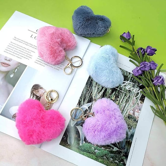 01 PCs Heart Fluffy Fur Ball Pom Pom Keychain â€“ Keychains For Girls - Key-Chain For Bags - Keychain For Pouch - Heart Keychain | Random Color